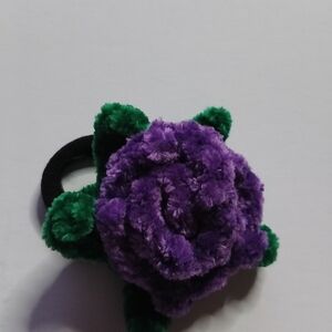 Purple Floral Hair Tie with Green Leaves